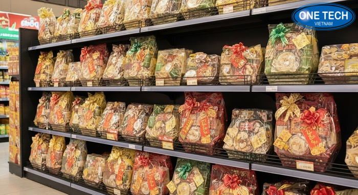 Cách trưng bày giỏ quà Tết trên kệ hiệu quả Bố trí kệ trưng bày giỏ quà Tết theo phân khúc giá và trang trí hài hòa