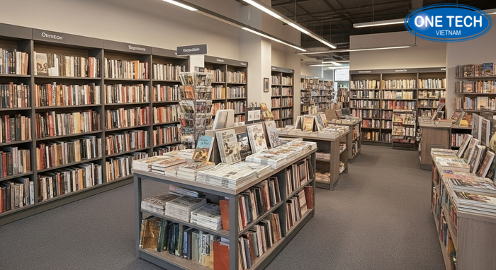 Minh họa bố trí lối đi và dãy kệ trong nhà sách để thuận tiện mua sắm