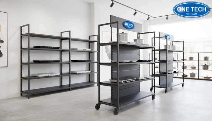 Các loại kệ trưng bày bếp từ: kệ cố định, kệ di động, kệ nhiều tầng