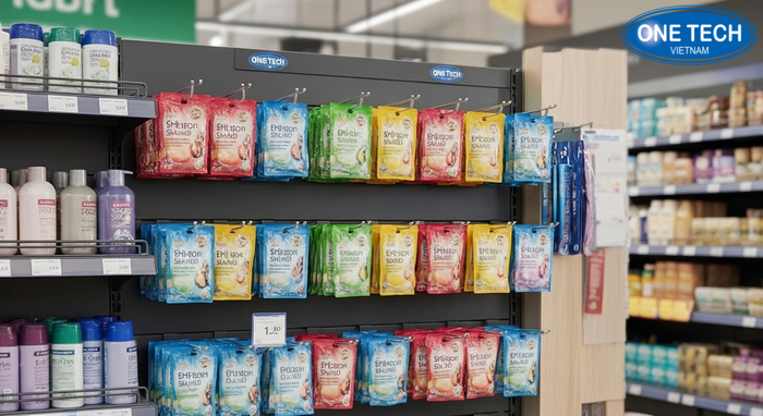 Cách bố trí gói dầu gội dây theo nhóm để khách dễ nhận biết và lựa chọn