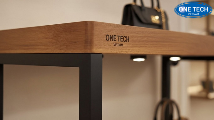 Cận mâm gỗ và bo cạnh trên kệ trưng bày túi xách