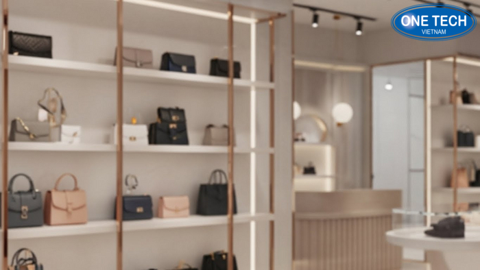 Case layout shop túi xách sau khi lắp đặt hệ kệ trưng bày