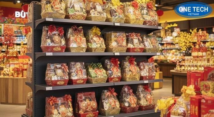 Chất liệu kệ trưng bày giỏ quà Tết chịu tải tốt So sánh chất liệu kệ trưng bày giỏ quà Tết sắt sơn tĩnh điện inox nhựa