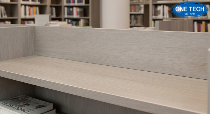 Cận cảnh bề mặt melamine chống trầy dễ vệ sinh trên kệ sách báo