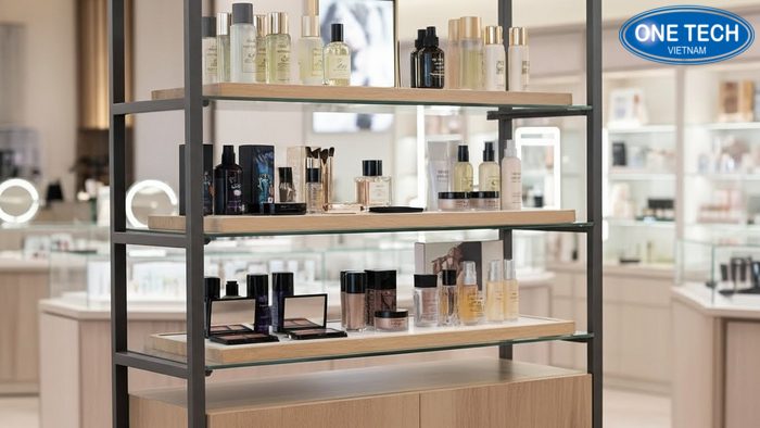 Kệ trưng bày có ngăn tủ phía dưới để lưu trữ hàng hóa và mâm tầng điều chỉnh được độ cao