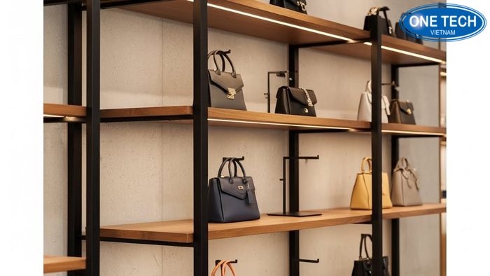 Góc concept kệ khung sắt mâm gỗ trưng bày túi xách ấm và sang
