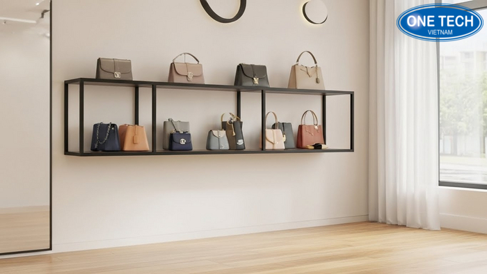 Kệ áp tường trưng bày túi xách cho shop nhỏ