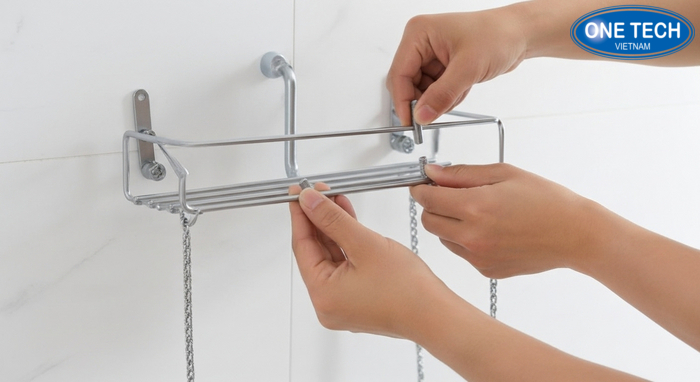 Hướng dẫn lắp đặt kệ treo dầu gội dây đúng kỹ thuật, cân thẳng và chắc chắn