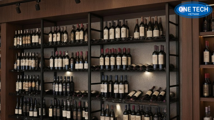 Kệ trưng bày rượu áp tường full mảng tạo background sang