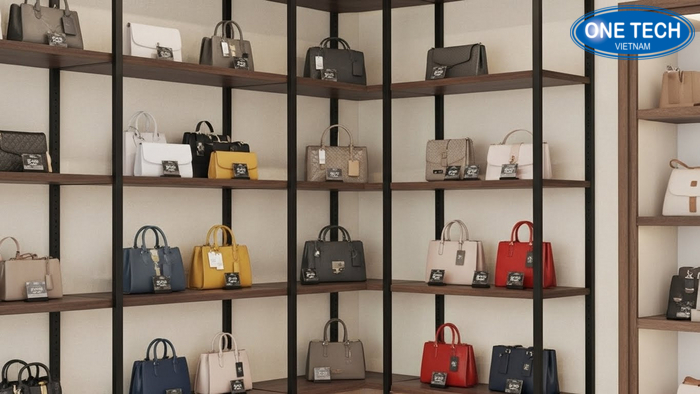 Góc tường full set kệ áp tường trưng bày túi xách kèm biển giá