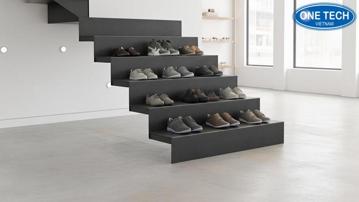 Kệ bậc thang trưng bày giày dép đặt giữa cửa hàng