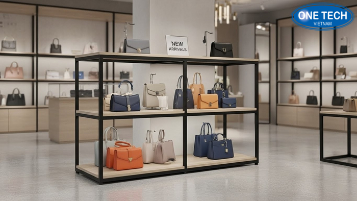 Kệ đảo 2 tầng trưng bày túi xách kèm bảng New arrivals