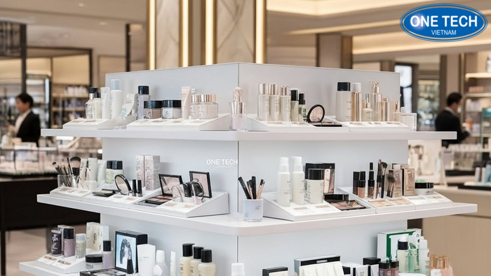 Mẫu kệ đảo trưng bày mỹ phẩm đặt giữa nhà giúp khách hàng dễ dàng tiếp cận từ nhiều phía