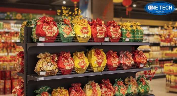 Kệ trưng bày giỏ quà Tết đẹp, hòa hợp không khí lễ Tết Kệ trưng bày giỏ quà Tết phối màu đỏ vàng và trang trí hoa mai hoa đào