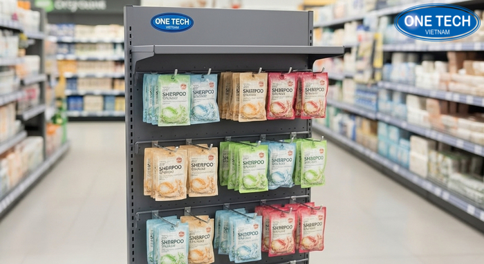 Ảnh kệ đứng di động treo gói dầu gội dây