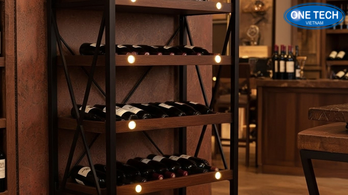 Kệ đứng phối gỗ sắt trưng bày rượu kiểu hiện đại