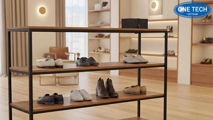 Kệ khung sắt mặt gỗ trưng bày giày da cao cấp
