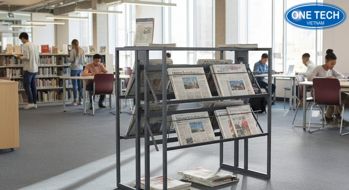 Kệ sách báo trong thư viện trường học giúp học sinh tìm sách nhanh