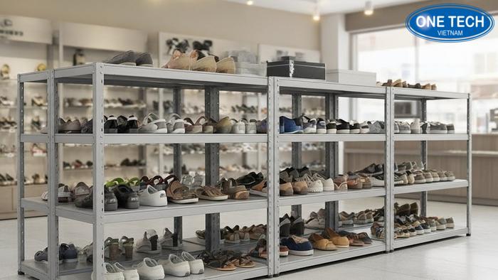Kệ sắt V lỗ đa năng trưng bày giày dép trong cửa hàng bình dân