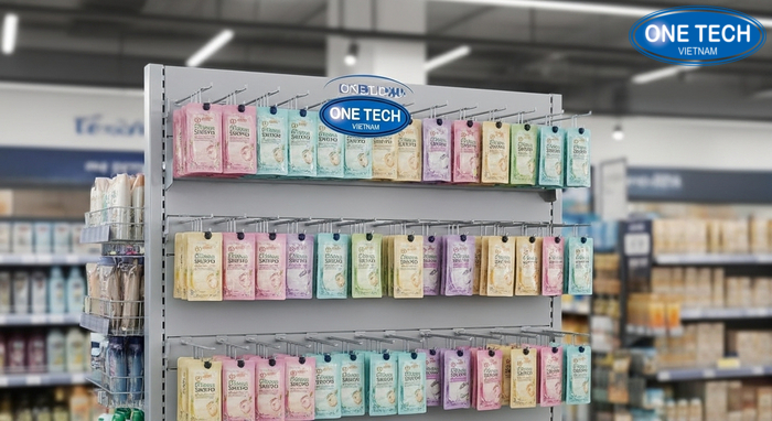 Kệ treo đa tầng trưng bày nhiều gói dầu gội dây và sữa tắm