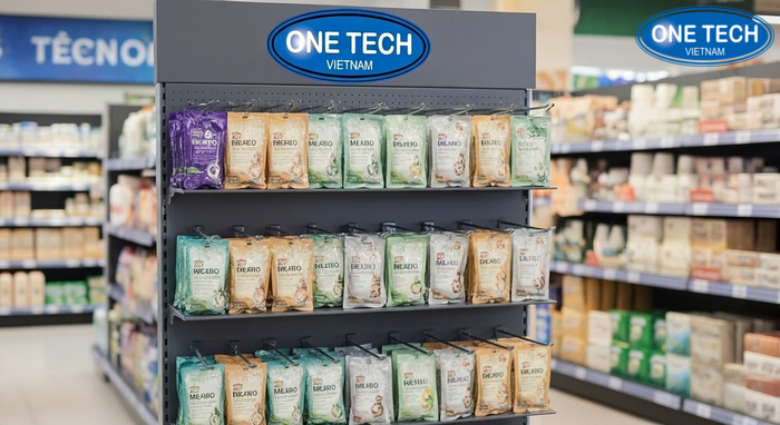 Kệ treo dầu gội dây giúp trưng bày gói dầu gội dây gọn đẹp, dễ chọn