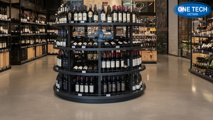 Kệ tròn trung tâm trưng bày rượu tạo điểm dừng trong cửa hàng