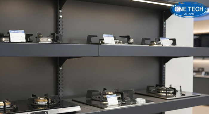 Kệ trưng bày bếp gas có đèn LED Kệ trưng bày bếp gas tích hợp đèn LED giúp sản phẩm nổi bật hơn