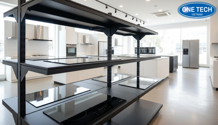 Kệ trưng bày bếp từ bố trí trong showroom thiết bị bếp