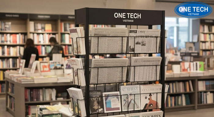 Không gian nhà sách dùng kệ trưng bày sách báo chuyên nghiệp, phân khu rõ ràng