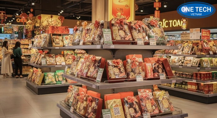 Giải pháp trưng bày giỏ quà Tết hiện đại với LED và QR Kệ trưng bày giỏ quà Tết tích hợp đèn led và mã QR giới thiệu sản phẩm