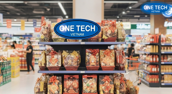 Kệ trưng bày giỏ quà Tết nổi bật trong siêu thị Khu vực kệ trưng bày giỏ quà Tết đặt gần lối vào siêu thị