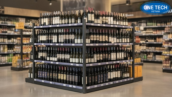 Kệ trung tâm 4 mặt trưng bày rượu trong layout siêu thị mini
