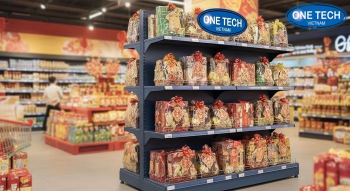 Kệ V lỗ trưng bày giỏ quà Tết giá hợp lý Kệ V lỗ trưng bày giỏ quà Tết chịu tải tốt, lắp ráp linh hoạt