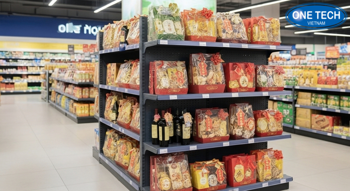 Nguyên tắc đặt giỏ quà Tết ở vị trí trung tâm Khu trưng bày giỏ quà Tết đặt trung tâm, dễ nhìn, dễ lấy