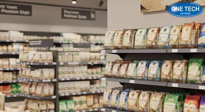 Mẫu kệ áp tường trưng bày gạo tối ưu diện tích