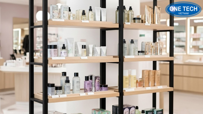 Mẫu kệ khung sắt sơn tĩnh điện kết hợp mâm gỗ MDF trưng bày mỹ phẩm đẹp mắt và hiện đại