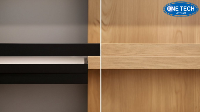 So sánh cận bề mặt sơn tĩnh điện và bề mặt gỗ trên kệ trưng bày túi xách