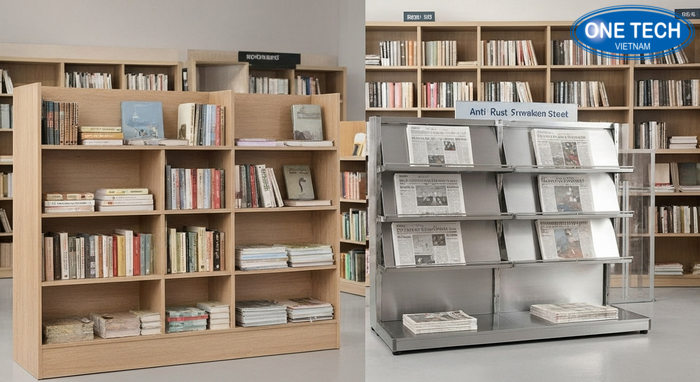 So sánh bề mặt kệ gỗ công nghiệp phủ melamine và kệ inox chống gỉ