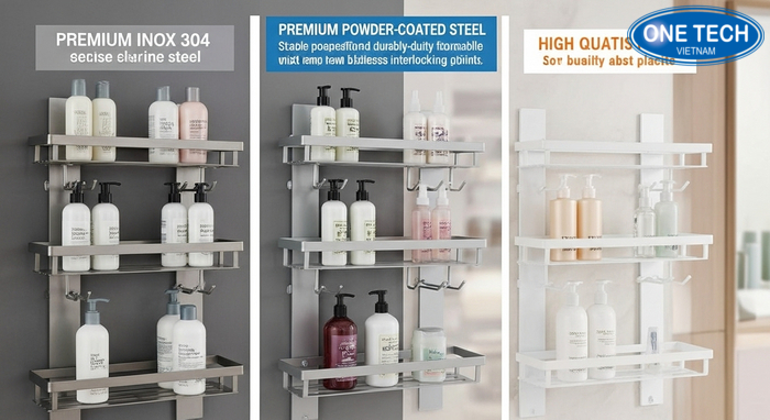 Bảng minh họa so sánh kệ inox 304, thép sơn tĩnh điện và nhựa ABS