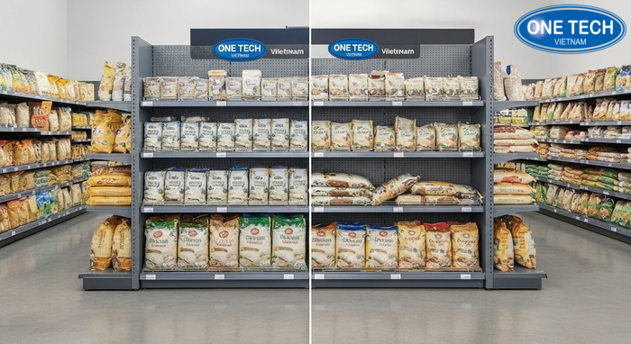 So sánh xếp đúng và xếp sai bao gạo trên kệ trưng bày để tránh đổ ngã