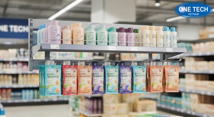 Kệ treo giúp trưng bày gói dầu gội dây gọn đẹp, khách dễ chọn mua