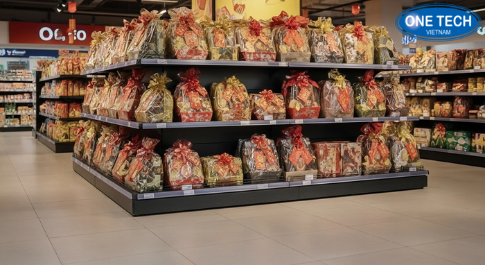 U trưng bày giỏ quà Tết dạng bậc thang tạo điểm nhấn U trưng bày bậc thang trưng nhiều giỏ quà Tết kèm decor