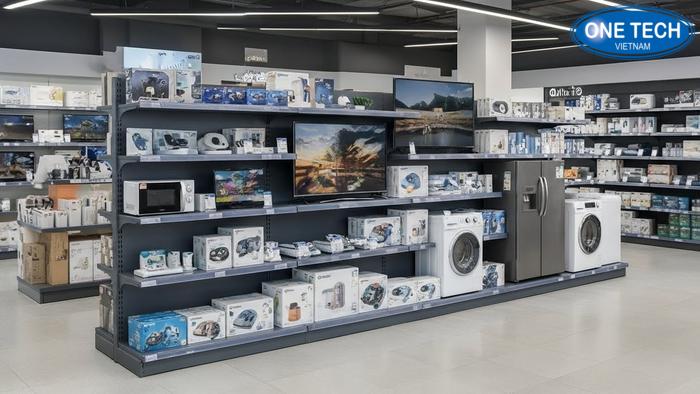 Ứng dụng kệ trưng bày trong ngành điện máy Kệ trưng bày máy móc ứng dụng trong siêu thị điện máy và thiết bị gia dụng
