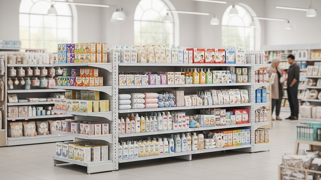 Tổng quan không gian cửa hàng mẹ và bé sử dụng kệ trưng bày chuyên nghiệp