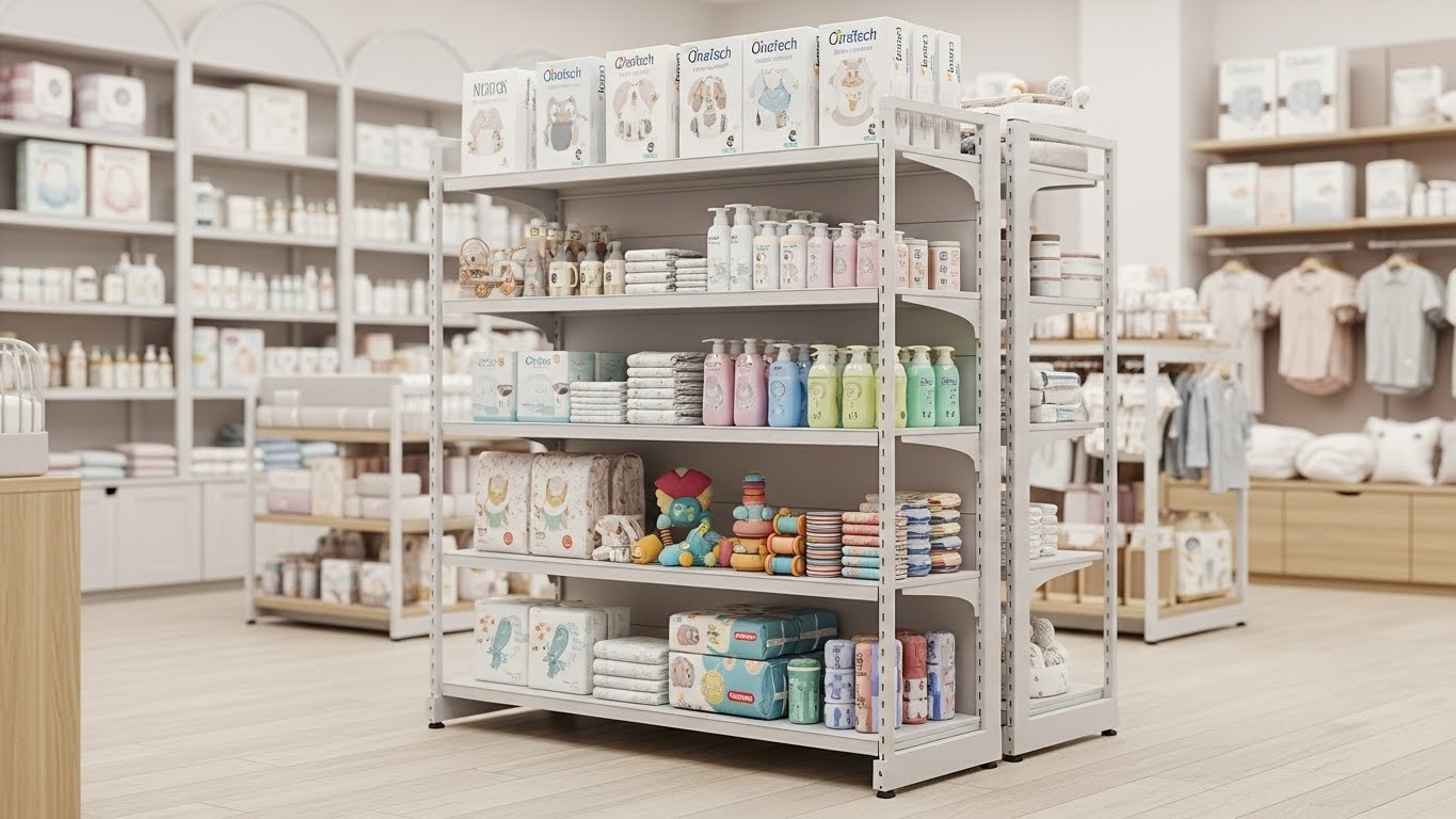 Nhân viên đang sắp xếp và vệ sinh kệ hàng hóa