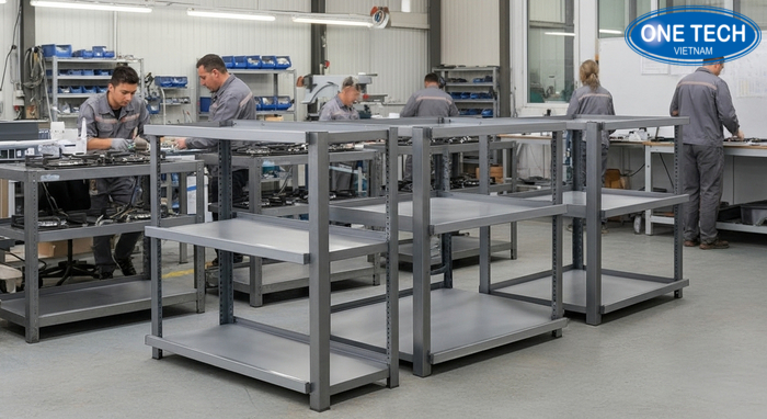 OneTech Group sản xuất kệ trưng bày bếp gas Sản xuất và hoàn thiện kệ trưng bày bếp gas tại xưởng