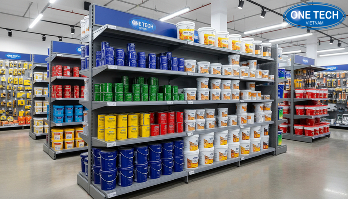 Mẫu bố trí kệ trưng bày sơn nước theo khu vực lon nhỏ và thùng lớn