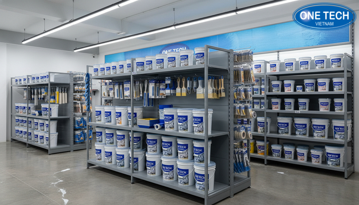 Mẫu thiết kế cửa hàng sơn kết hợp kệ trưng bày sơn công nghiệp