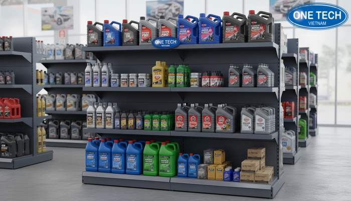 Ảnh thực tế kệ thép sơn tĩnh điện trưng bày dầu nhớt mẫu 2