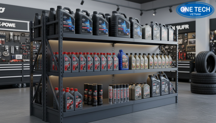 Ảnh thực tế kệ sắt chịu tải trưng bày can dầu nhớt lớn mẫu 3